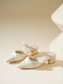 Women's Pearl Decor Closed Toe Chunky Heels Sandals, Spring/Summer 2025 New Fashion Round Toe Slip-On Mules Pointed Toe Mid Heels - Apricot - View 2