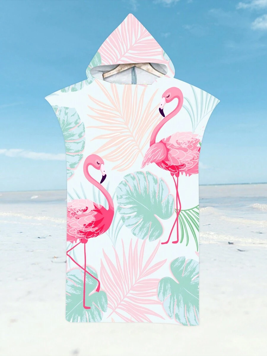 1pc Flamingo & Leaf Patterned Hooded Changing Towel, Personalized Ultra Fine Fiber Loop Bathrobe, Thick & Warm Beach Poncho For Men And Women Summer Wedding Home Bathroom Decor Beach Wear Back To School