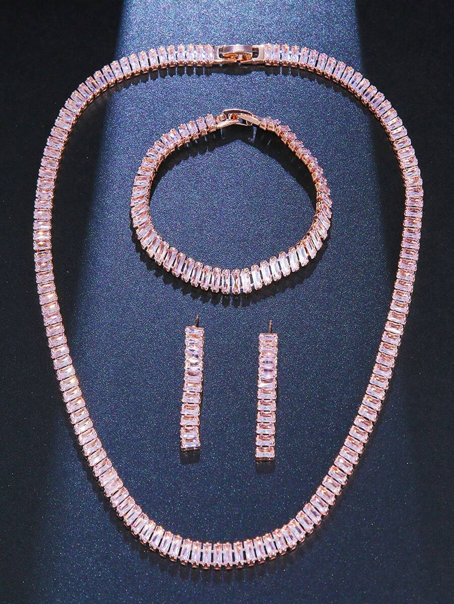 3 Piezas/set Inserción De Circonia Cúbica De Collar, Pulsera Y Aretes Adecuados Para Bodas Y Fiestas De Mujeres - Oro rosa - Ver 1