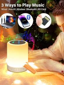 Lámpara LED de noche, Altavoz Bluetooth inalámbrico Radio Aux y TF Card,Portátil Smart Touch Control Lámpara de Mesita de Noche - Blanco - Ver 2