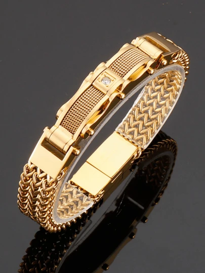 1pc Fashionable Stainless Steel 18K Gold Plated Motorcycle Chain Bracelet, Unisex Nightclub Bicycle Chain Bracelet, Wedding Accessory, Studded Fishbone Chain Watch Strap