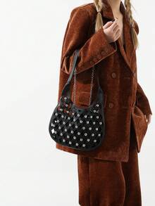 Punk Style Studded Fashionable Rhombus Grid & Hollow Out Unique Design Hobo Bag Set, Modern Ladies' Shoulder Bag - Black - View 4