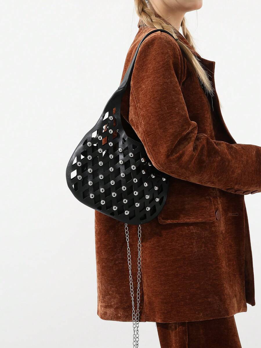 Punk Style Studded Fashionable Rhombus Grid & Hollow Out Unique Design Hobo Bag Set, Modern Ladies' Shoulder Bag - Black - View 1