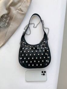 Punk Style Studded Fashionable Rhombus Grid & Hollow Out Unique Design Hobo Bag Set, Modern Ladies' Shoulder Bag - Black - View 6