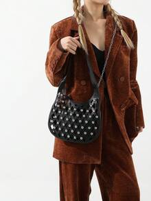Punk Style Studded Fashionable Rhombus Grid & Hollow Out Unique Design Hobo Bag Set, Modern Ladies' Shoulder Bag - Black - View 2