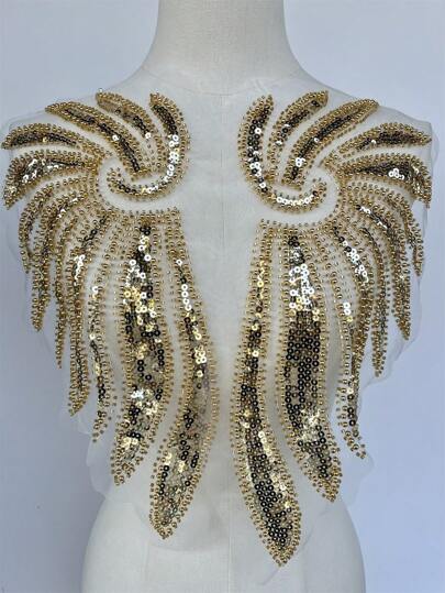 1對三維刺繡補片,婚紗配件,鑲珠網眼花邊,diy演出服裝