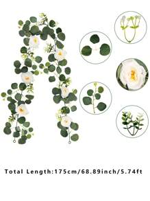 1PC Artificial Eucalyptus Flower Garland With White Roses, Fake Rose Flower Greenery Garland Floral Vines For Wedding Home Party Table Runner Decor, Valentine Day, Gift - White and green - View 4