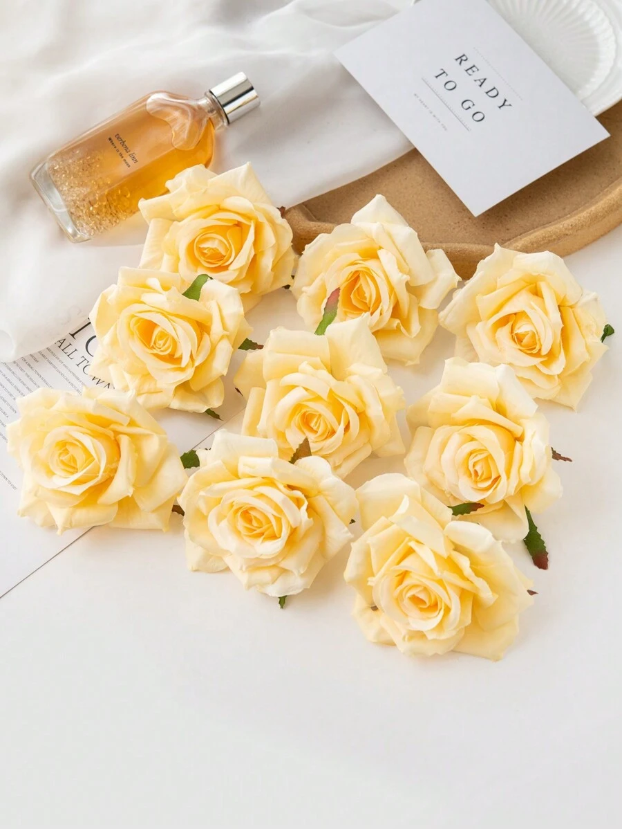 5/15 件人造玫瑰花头,婚礼装饰新娘花束腕花花墙插花,家居装饰,新年,情人节礼物 - 黃色 - 查看 1