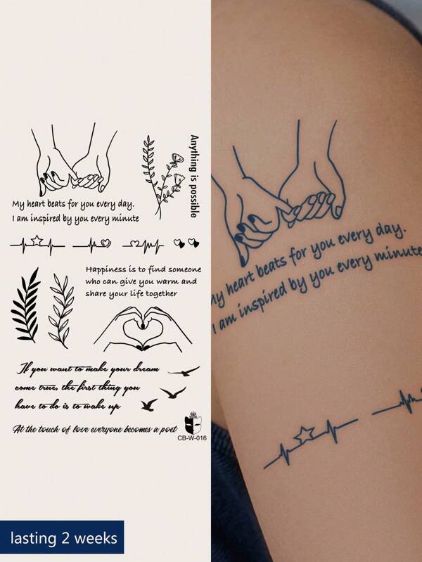 CAT QUEEN ART Herbal Juice Semi-Permanent Tattoo Sticker With Romantic Hand In Hand Heart Pattern, Lasting For 7-14 Days Without Fading Or Glare, Suitable For Arm, Wrist, Chest, Abdomen And Back, 1 Sheet