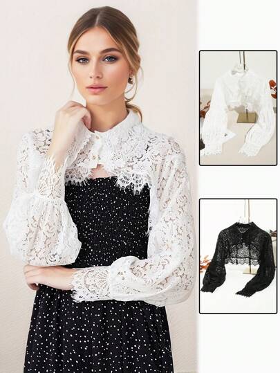 1 chiếc áo khoác dài tay nhẹ thoáng khí họa tiết ren khoét sâu họa tiết hoa thời trang dành cho nữ (tay áo hơi nhỏ), áo khoác ngoài cổ rời thích hợp cho các buổi hẹn hò và tiệc tùng