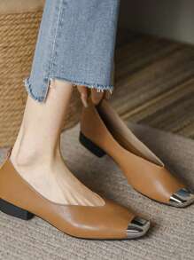 2024 Mới Thời trang giản dị Giày lười Giày dép Đối với phụ nữ , Chóp giầy hình vuông , Dày Gót chân , Da mềm , Đế mềm , Chống trượt , Cắt thấp , Linh hoạt - Màu Khaki - Xem 1