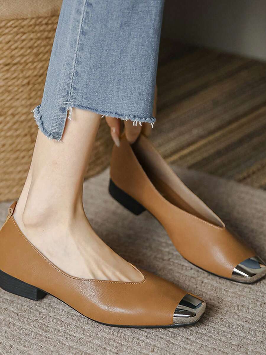 2024 Mới Thời trang giản dị Giày lười Giày dép Đối với phụ nữ , Chóp giầy hình vuông , Dày Gót chân , Da mềm , Đế mềm , Chống trượt , Cắt thấp , Linh hoạt - Màu Khaki - Xem 1