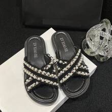 女式防滑橡膠底拖鞋,黏合珍珠裝飾,純色,圓頭,低口,十字帶,平底,夏季休閒黑色拖鞋 - 黑色 - 查看 4