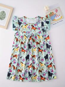 Young Girl Adorable Pony Graphic Flutter Sleeve Dress Summer Clothes Gift