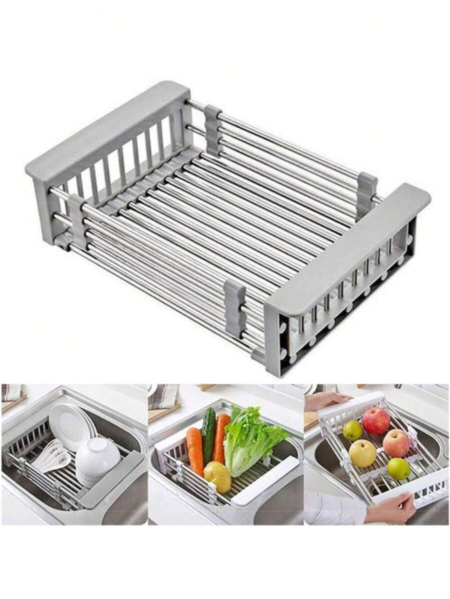 Colador De Acero Inoxidable Para Fregadero De Cocina Con Canasta De Almacenamiento Para Platos, Soporte Para Lavar Verduras/frutas - Gris - Ver 1