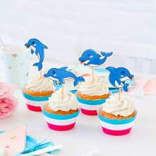 12pcs Cute Cartoon Dolphin Print Cake Toppers For Ocean Theme Baby Birthday Party Dessert Table Decoration - Multicolor - View 3