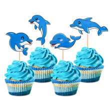 12pcs Cute Cartoon Dolphin Print Cake Toppers For Ocean Theme Baby Birthday Party Dessert Table Decoration - Multicolor - View 1