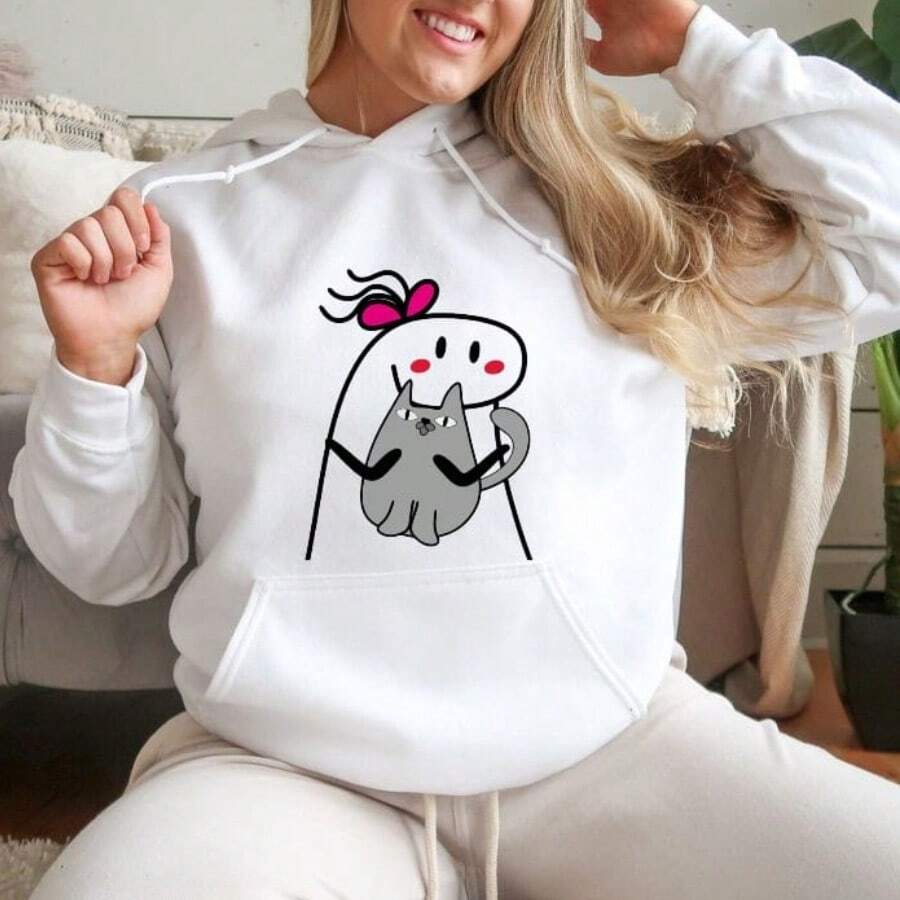 BRILLAS Moda Sudadera Capucha térmica con estampado de folky con bolsillo de canguro con cordón - Blanco - Ver 1