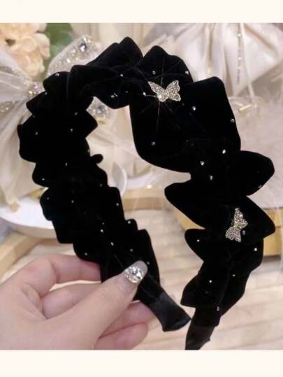 1 قطعة عقال مخملي نمط جديد مطوية مع الدانتيل ، تفاصيل فراشة ديكور حجر الراين للفتيات في سن المراهقة ، مخفضة