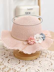 1組新款女孩可愛公主稻草帽,有兩朵花和編織袋,夏日防曬帽,適合日常和海灘穿著 - 粉色 - 查看 3