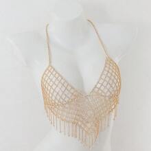 1pc Gold Rhinestone Bikini Bra Chain With Tassel & Diamond Detailing For Women, Nightclub - Gold - View 1