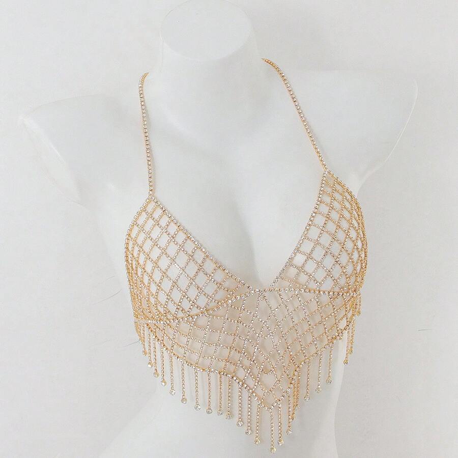 1pc Gold Rhinestone Bikini Bra Chain With Tassel & Diamond Detailing For Women, Nightclub - Gold - View 1