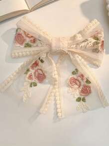 1pc Embroidery Flower And Large Bowknot Hair Clip With Hair Ties, Spring Clip For Girls Cute Valentine's Day, School Stuff, Elegant, College, Winter Outfit For Women, Vacation Outfits Woman, Bows, Hair Accessories, Head Accessories, Hair Accessories For Women - Multicolor - View 4