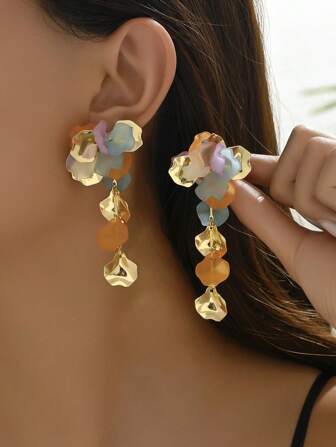 2件套波西米亚风中东花卉手工DIY编织东方宫廷风彩色花瓣耳环，包含仿珍珠花朵吊坠耳环，多种花朵款式可选，适合女性日常佩戴、节日、派对、送礼。注意：由于手工制作，产品在运输过程中可能会出现轻微变形，请收到后手动调整。