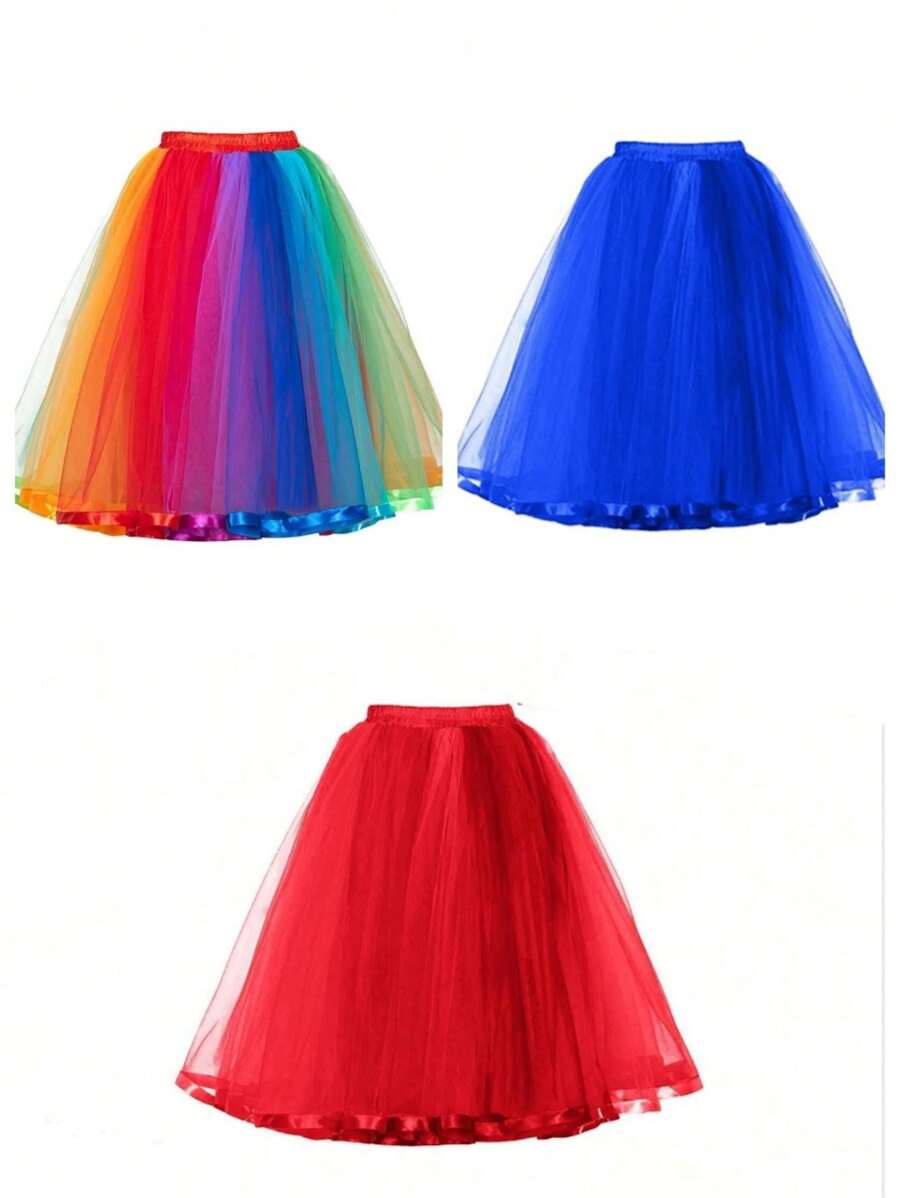 女式及膝彩虹裙，简约纯色蓬蓬裙，半身裙，公主裙，双层网眼裙，无骨支撑裙，无袖连衣裙，派对装饰裙，表演裙，夏季网眼裙万圣节秋季女士服装 - 中長款 - 查看 1