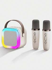 Wireless Portable Handheld Speaker With Led Light Atmosphere Effect, Support /tf Card/usb Playback. Comes With Two Wireless Microphones, Suitable For Home Party Karaoke. - Pink - View 2