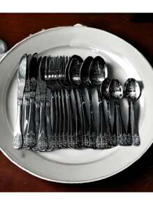 Faqueiro Luxo 24 Peças Inox Preto Colher Faca Garfo