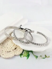 3 件/套古典手工編織手鍊,嘻哈男士豹頭手鍊,羅馬數字手鍊不銹鋼首飾 - MBR1014-Silver - 查看 3