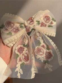 1pc Embroidery Flower And Large Bowknot Hair Clip With Hair Ties, Spring Clip For Girls Cute Valentine's Day, School Stuff, Elegant, College, Winter Outfit For Women, Vacation Outfits Woman, Bows, Hair Accessories, Head Accessories, Hair Accessories For Women - Multicolor - View 2