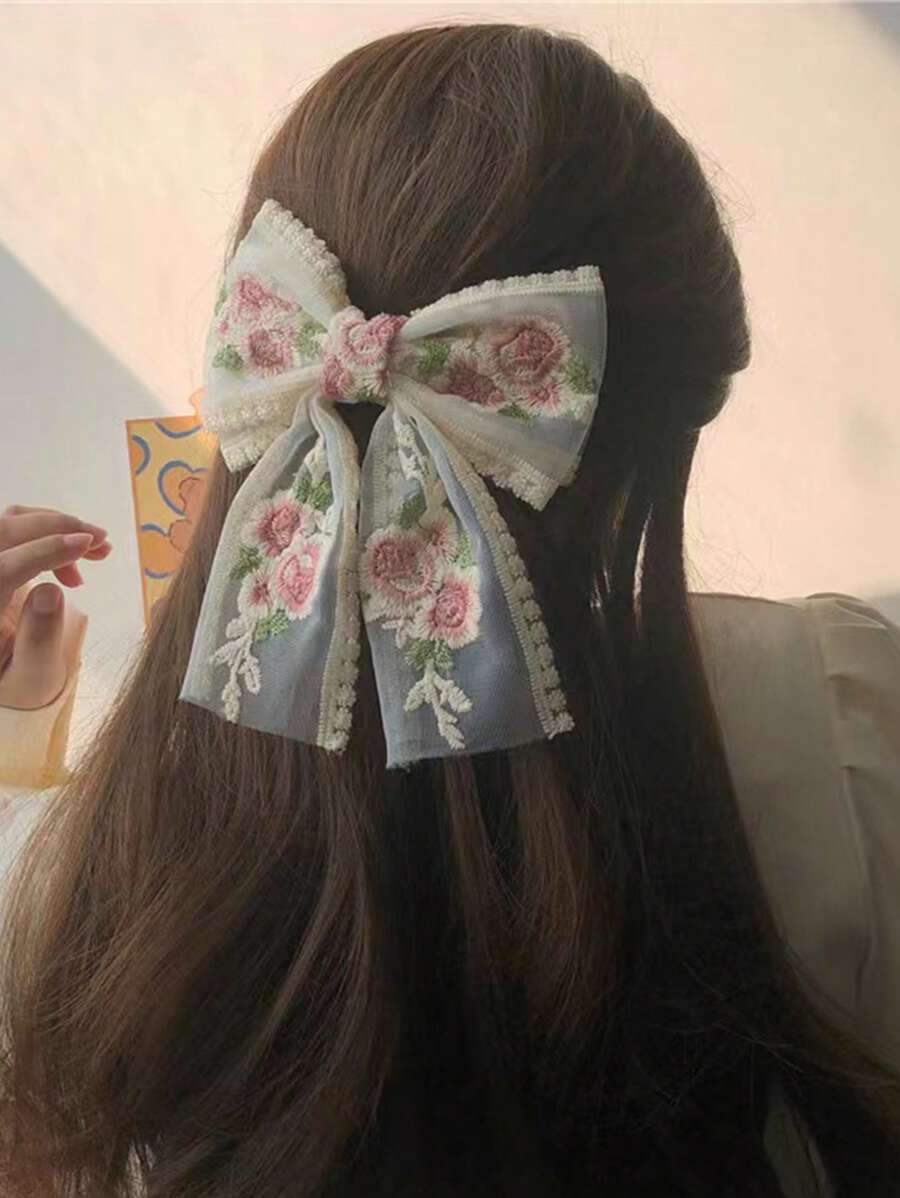 1pc Embroidery Flower And Large Bowknot Hair Clip With Hair Ties, Spring Clip For Girls Cute Valentine's Day, School Stuff, Elegant, College, Winter Outfit For Women, Vacation Outfits Woman, Bows, Hair Accessories, Head Accessories, Hair Accessories For Women - Multicolor - View 1