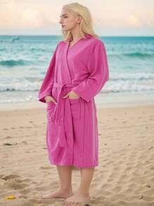 1pc Stylish & Breathable Bathrobe, Quick Absorbent Home Couple Bathrobe, Travel Bathrobe, Convenient To Carry, Waffle Pattern Bathrobe Summer Wedding Home Bathroom Decor Back To School