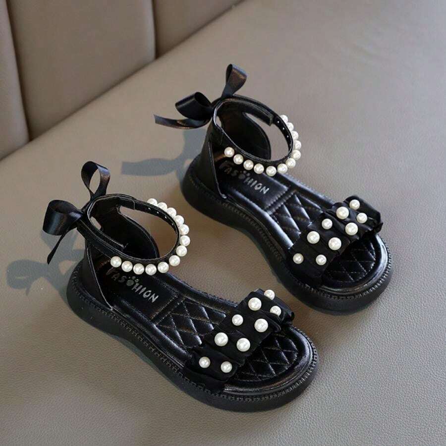 1pair Girls' Comfortable Bow Decorated Princess Party Style Flat Sandals With Tie-Up Design, Open Toe, Suitable For Summer - Black - View 1