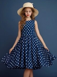 Tween Girl Spring/Summer Polka Dot Print Sleeveless Casual Dress With Round Neck