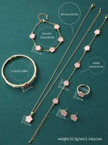 7 件/套简约、时尚、奢华的铜质五叶草项链、手链、脚链、耳钉、戒指、方晶锆石手镯，非常适合女性约会、婚礼、毕业典礼以及作为情人节、妈妈、母亲、母亲节、礼物