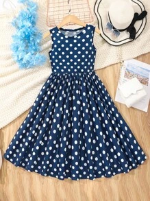 Tween Girl Spring/Summer Polka Dot Print Sleeveless Casual Dress With Round Neck