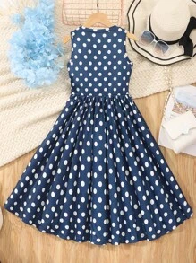 Tween Girl Spring/Summer Polka Dot Print Sleeveless Casual Dress With Round Neck