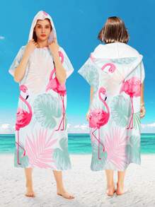 1pc Flamingo & Leaf Patterned Hooded Changing Towel, Personalized Ultra Fine Fiber Loop Bathrobe, Thick & Warm Beach Poncho For Men And Women Summer Wedding Home Bathroom Decor Beach Wear Back To School