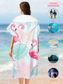 1pc Flamingo & Leaf Patterned Hooded Changing Towel, Personalized Ultra Fine Fiber Loop Bathrobe, Thick & Warm Beach Poncho For Men And Women Summer Wedding Home Bathroom Decor Beach Wear Back To School