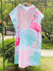 1pc Flamingo & Leaf Patterned Hooded Changing Towel, Personalized Ultra Fine Fiber Loop Bathrobe, Thick & Warm Beach Poncho For Men And Women Summer Wedding Home Bathroom Decor Beach Wear Back To School