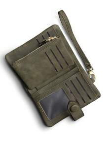 MIYIN 带纽扣装饰的紧凑型对折钱包，带身份证窗口的迷你零钱包，纤薄轻巧的多层便携式现金和卡片夹，现代商务周年纪念日情人节生日礼物，男女皆宜，绿色商务休闲皮革钱包 - 軍綠色 - 查看 3