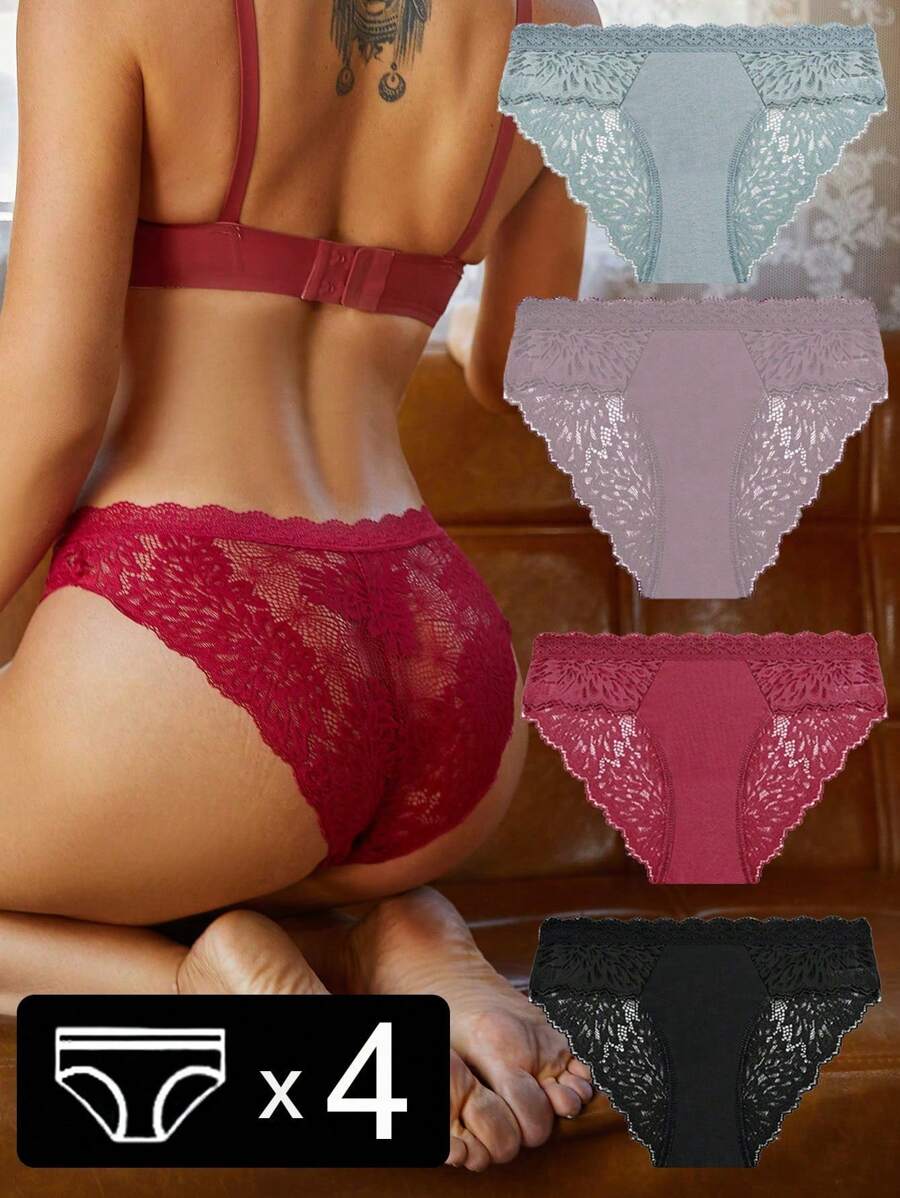4入組女士實色蕾絲拼接三角褲,簡單舒適 - 彩色 - 查看 1