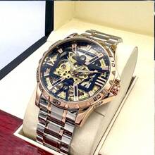 FENSIR 1pc Automatic Mechanical Watch For Men, With Hollow Out Flying Tourbillon, European And American Style Fashion Casual Steel Band Wristwatch For Students - Rose Gold - View 3