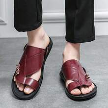 Men's Leather Slip Resistant Wear-Proof Flip Flops, Summer Beach Sandals With Toes Clip, Outdoor - Burgundy - View 2