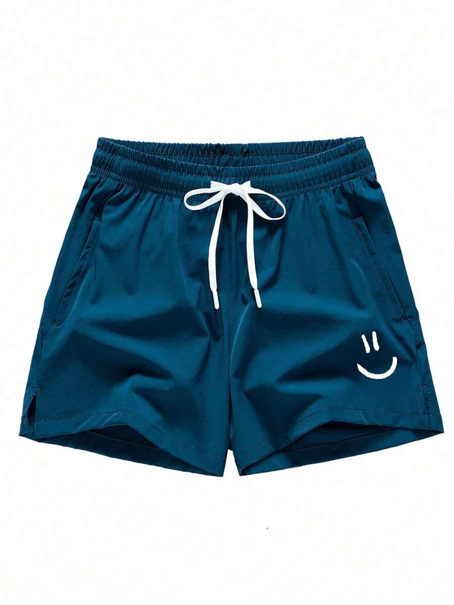 1pc Short De Course Respirant À Séchage Rapide Imprimé Pour Hommes Avec Motif Emoji - Bleu azur - Voir 1