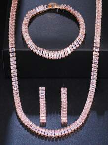 3 Piezas/set Inserción De Circonia Cúbica De Collar, Pulsera Y Aretes Adecuados Para Bodas Y Fiestas De Mujeres - Oro rosa - Ver 5