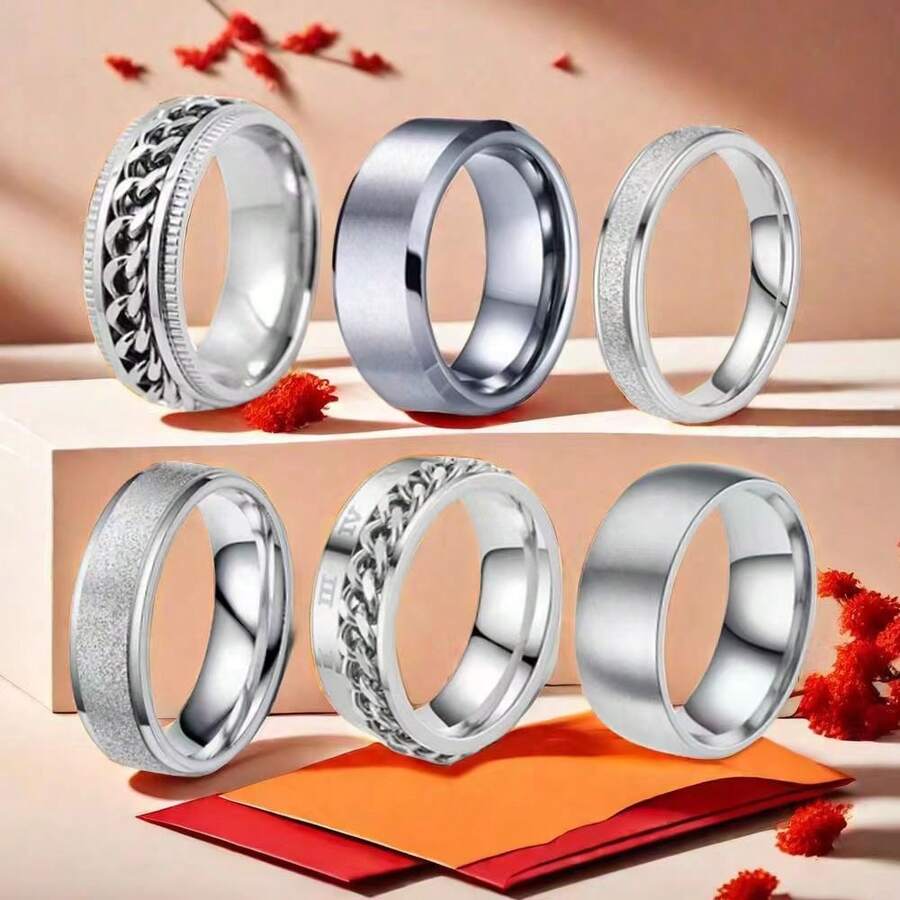 1入時尚極簡霧面鈦鋼鏈旋轉戒指,男女通用,日常佩戴 - 6mm台階磨砂 - 查看 1